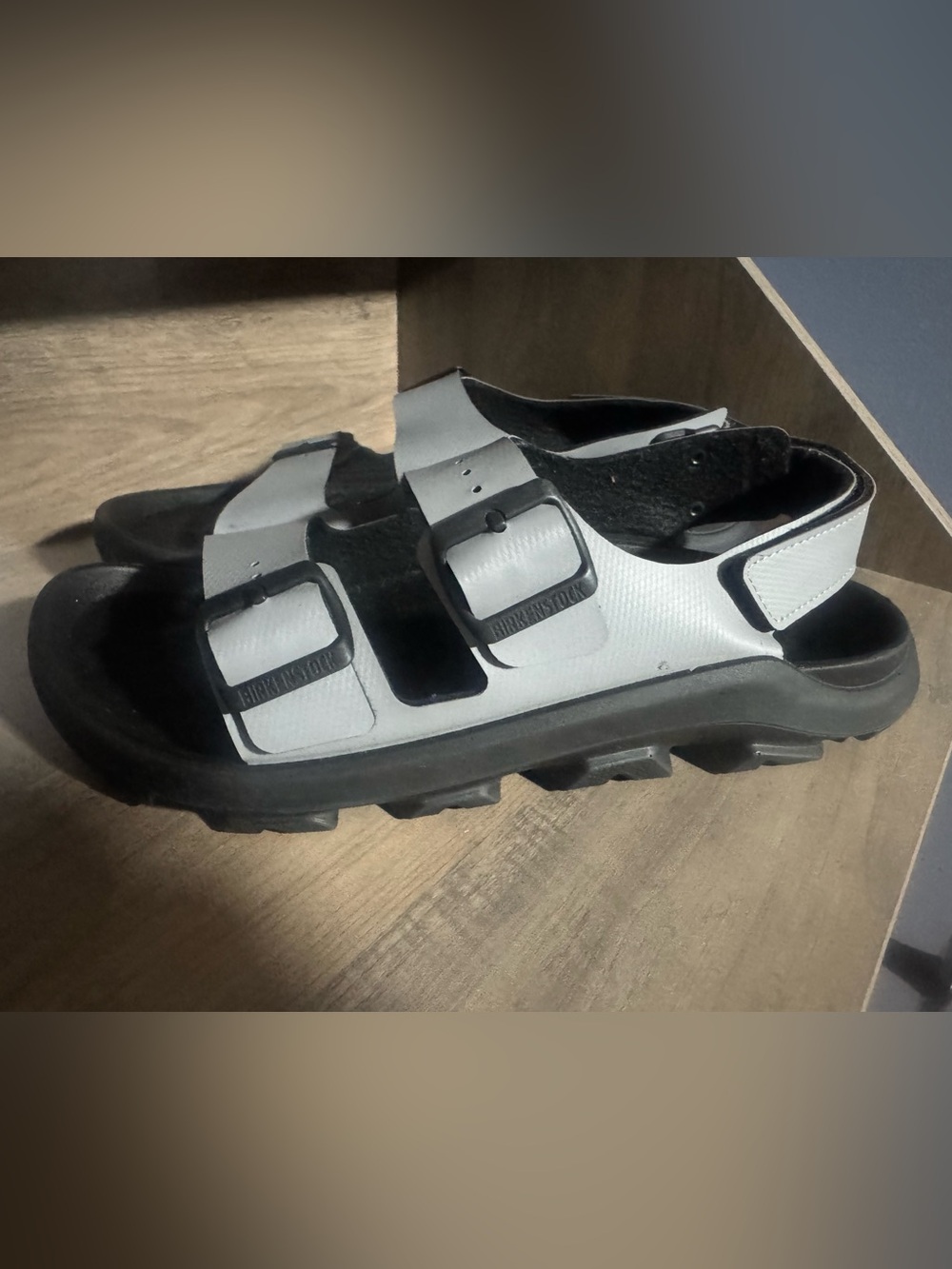 Birkenstock men's Sz 9 (42) grey  Two-Buckle Sandal with Black Sole